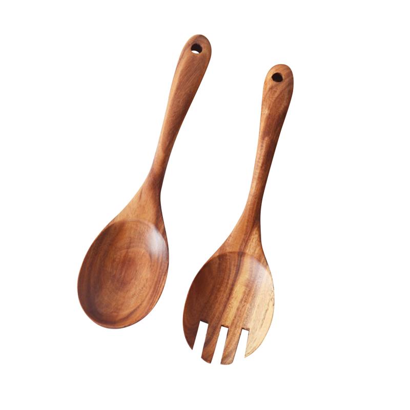 Cocina Natural cuchara de madera ensalada cena servir cucharas servidor tenedor de madera juego de vajilla cuchara utensilios de madera vajilla
