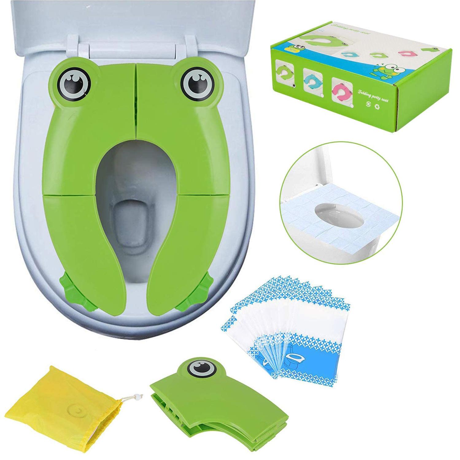 Toilettræningssæde bærbart toiletsæde til småbørn pp-materiale med bæretaske og 10 pakker engangs-toiletsædebetræk (pink): Frøgrøn