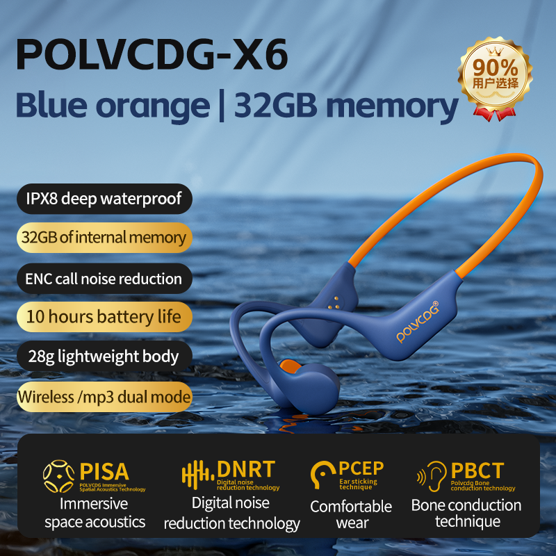 POLVCDG Słuchawki douszne z przewodnictwem kostnym Słuchawki Bluetooth 32 GB pamięci IPX8 wodoodporne pływanie, bieganie i jazda na rowerze: Złota