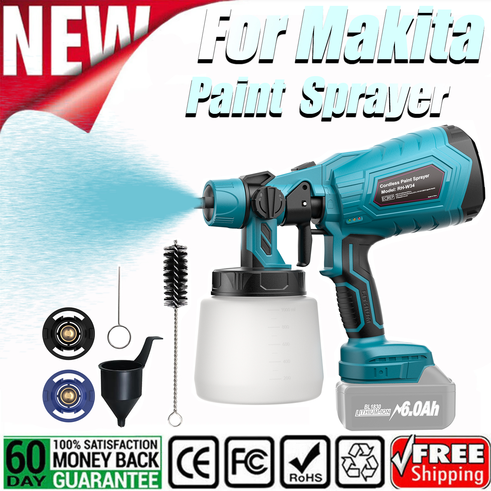 Elektrisk sprøytepistol for makita  bl1830, 18v batterier, 1l trådløse, bærbare sprøytepistoler, sett med bilmøbler, sprøyteverktøy for maling