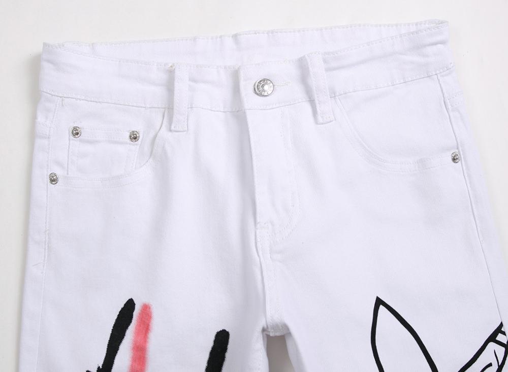 Mænds originale print malede hvide jeans stretch trendy lige bukser slanke 3d trendy denim bukser bukser