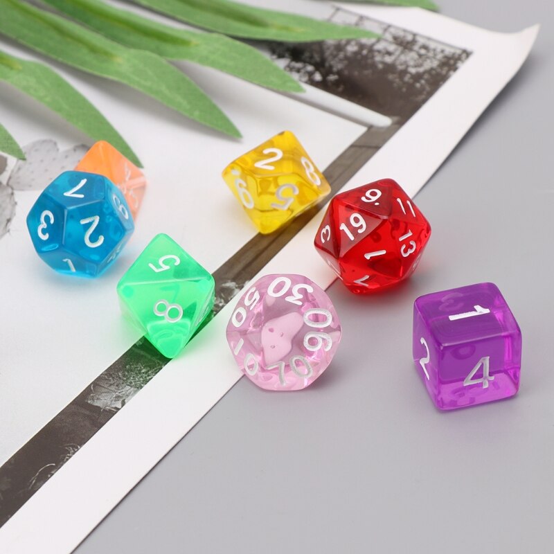 7 pçs/set colorido transparente acrílico dados trpg jogos D4-D20 multi-face dados