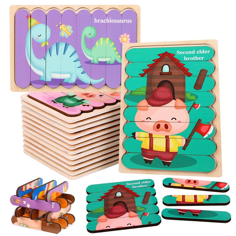 Kids Animal 3D Wooden Puzzle Montessori Toy Double-sided Strip Puzzle Telling Story Stacking Jigsaw Educational Toy For Children