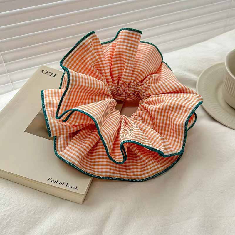 Retro Colorful Lattice Ruffles Hair Scrunchies Headbands for Women Girls Sweet Romantic Hair Rope Rubber Band Hair Accessories