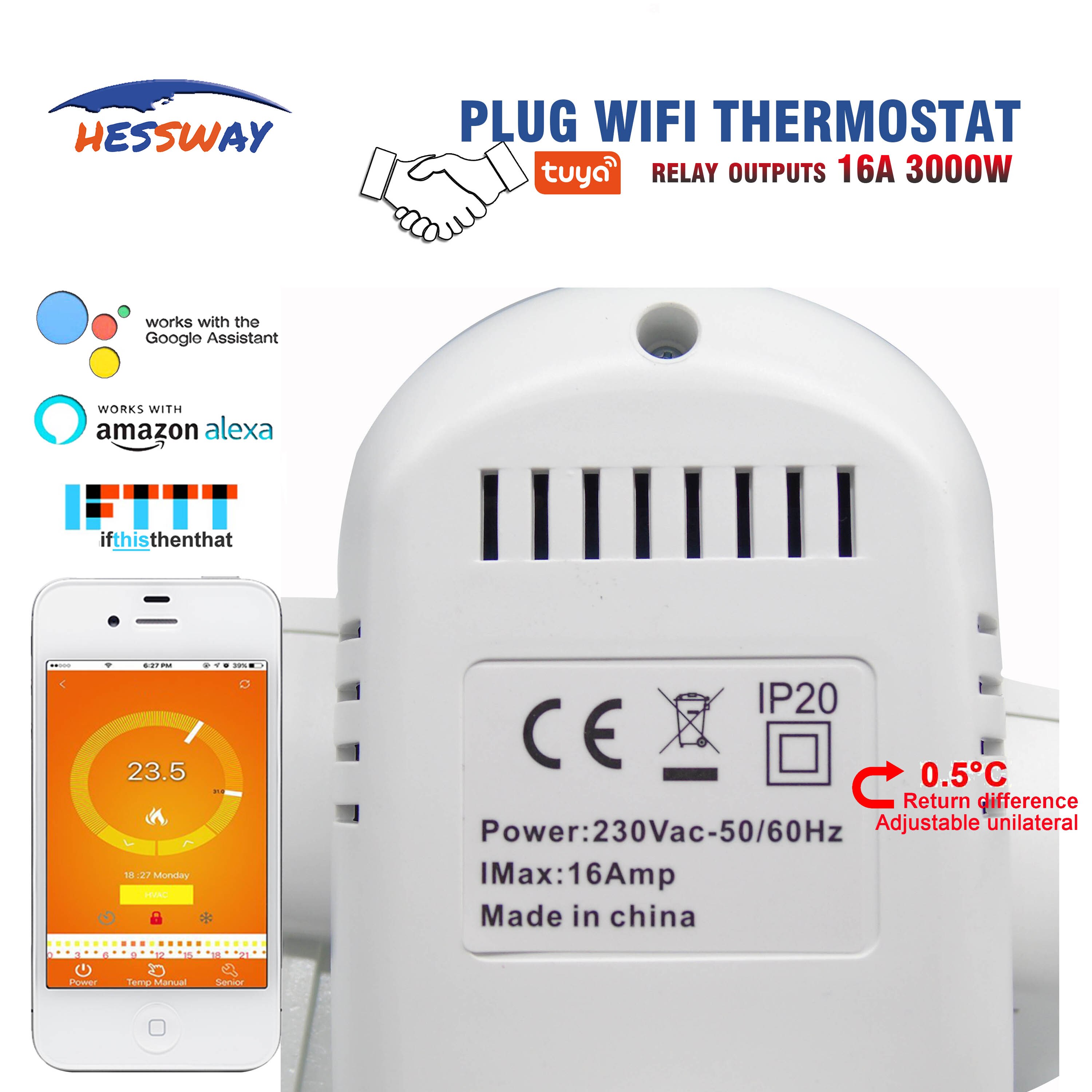Hessway tuya wifi trådløs opvarmningstermostat 16a til eu-stik ensidig forskel 0.5 grad