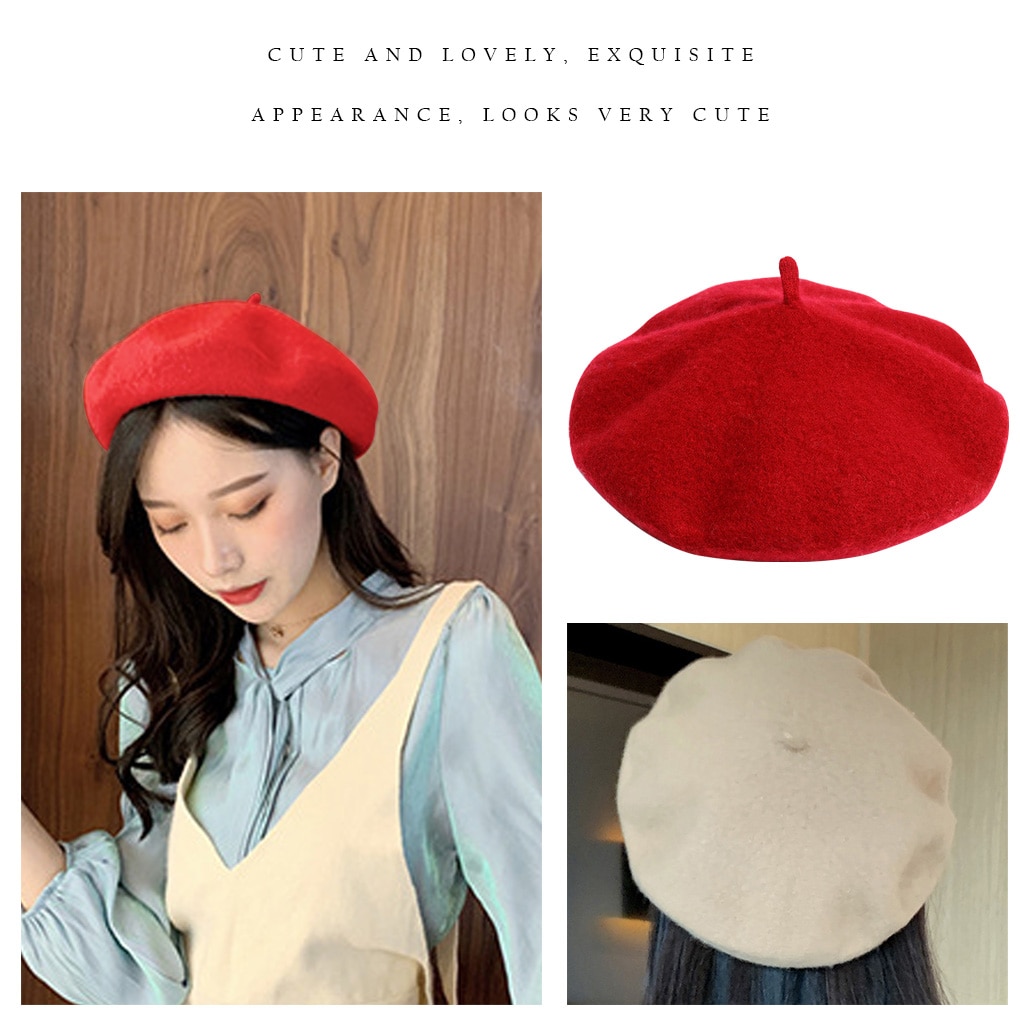 Women Girl Beret French Artist Warm Wool Winter Beanie Hat Cap Vintage Plain Beret Hats Solid Color Lady Winter Caps