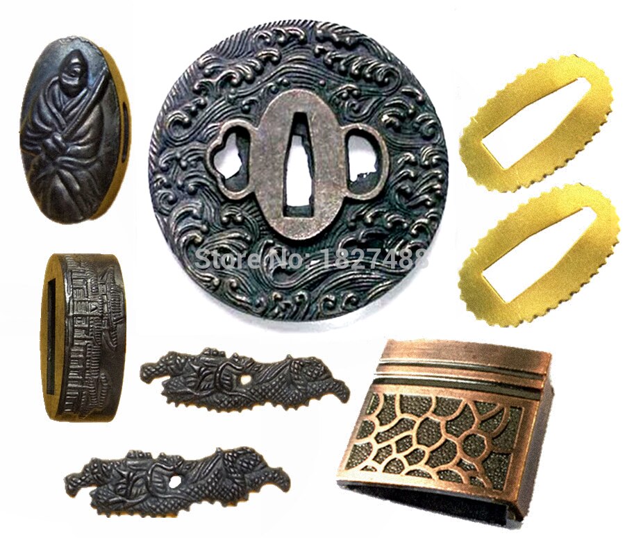 Sea Wave Sword Guard for Katan/Wakizashi/Tanto Fittings Set Alloy Tsuba+Menuki+Fuchi+Kashira+Handle+Habaki+Seppa Metal Crafts: Set Tsuba