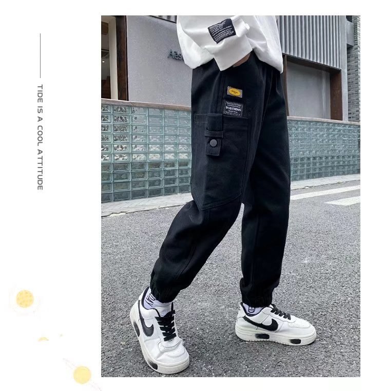 Boys' Pants Spring and Autumn Overalls Children's Loose Casual Children's Clothing Leggings Are Thin Slender Legs: T022-Black / 110