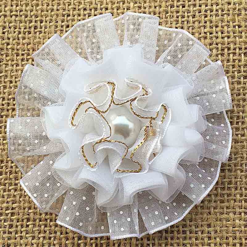 2pcs Cute Yarn ruffle Ellegant Ribbon Flowers rosettes Scrunchy gum for Elastic Hair Band Girls Headwear rubber bands: White