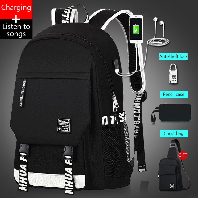 USB musique lumineux cartable unisexe pour adolescents sac à dos à sac d'école étudiant livre sac pour garçons filles