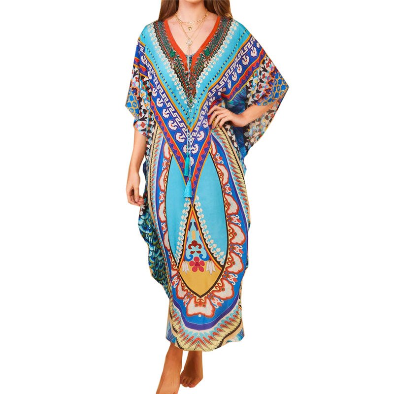 Marokkaanse Kaftan Bohemian Gedrukt Zomer Jurk Lange Katoenen Tuniek Vrouwen Plus Size Beach Wear Badpak Cover Up Robe de Plage