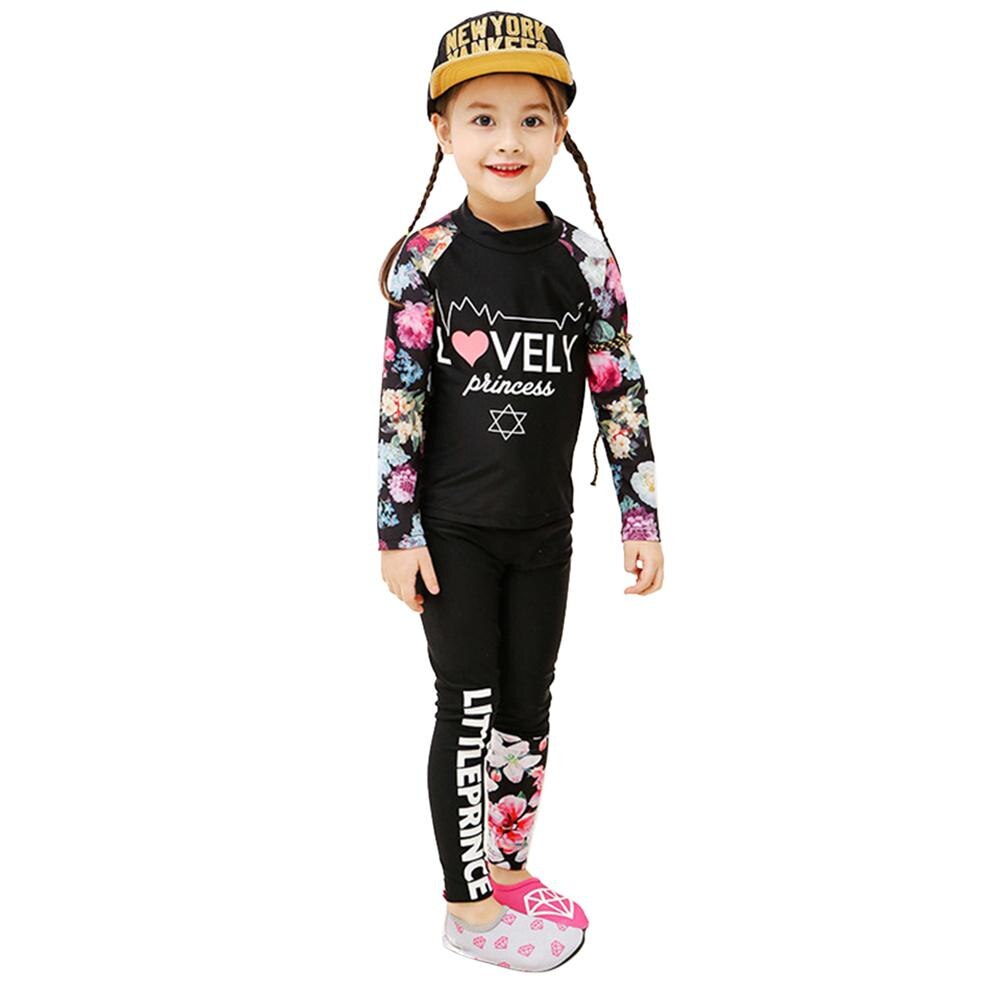 2pcs Kids Girls Boys Long-sleeved Swimming Suit Muslim Style Swimsuit Floral Summer Beach Clothing Sun Protective Swimwear 4XL: black / L