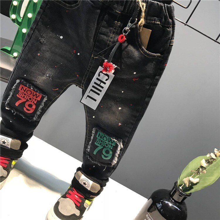 Barn jeans tryck plus sammet varma jeans för pojke patchwork målade byxor höst vinter tjocka jeans baby boy byxor