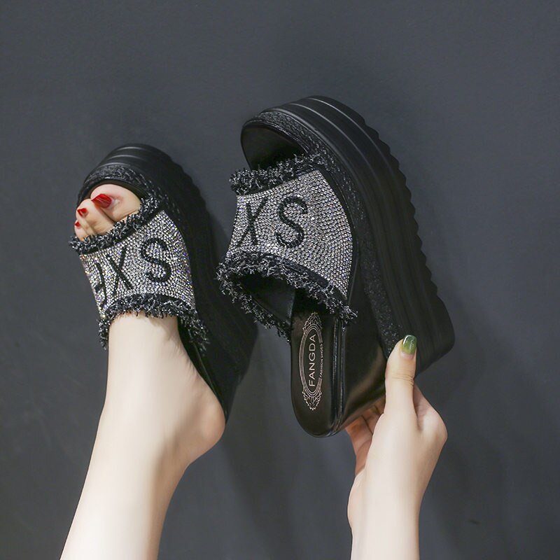 Strass Transparent pantoufles femmes grosses pantoufles plate-forme chaussures dames pantoufles chaussures femme été sandales plage pantoufle: black / 8