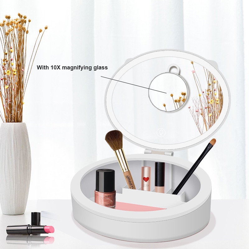 Make-upspiegel met led-verlichting en 10x vergrootspiegels, make-up organizer, touchscreen, usb-oplaadfunctie, cosmeticaspiegels