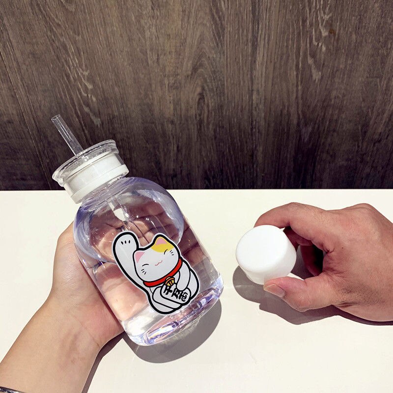 500ml chat chanceux bouteille en plastique sans BPA dessin animé Transparent/givré bouteilles d'eau étanche Drinkware mignon étudiant tasse: 9