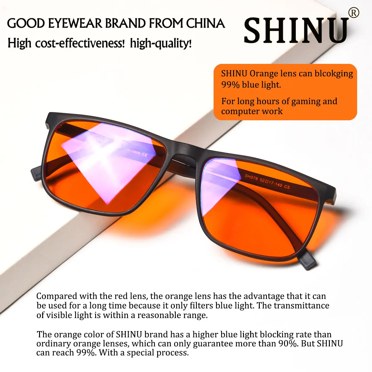 SHINU bon sommeil lumière bleue bloquant les lunettes hommes lentilles rouges Anti lumière verte éliminer la fatigue oculaire lunettes Bluelight: Black