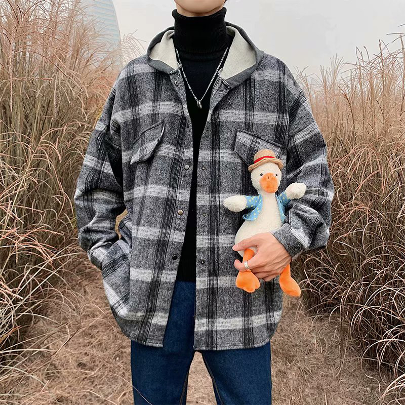 Höst ull skjorta herr retro tjock rutig skjorta män streetwear vild lösa huva långärmad skjorta jacka herr m -2xl
