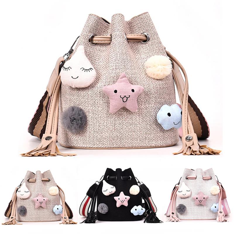 Mode Geweven Leuke Sterren Bal Decor vrouwen Schoudertas Trekkoord Emmer Zak Leuke Charm Decor Crossbody Tas Met Pouch