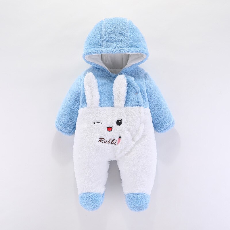 Boy Girl Hooded Jumpsuit Baby Winter Romper With Feet Kids Cartoon Rabbit Outfit Bodysuit Newborn Toddler Cotton Romper Pajamas: Blue / 12m