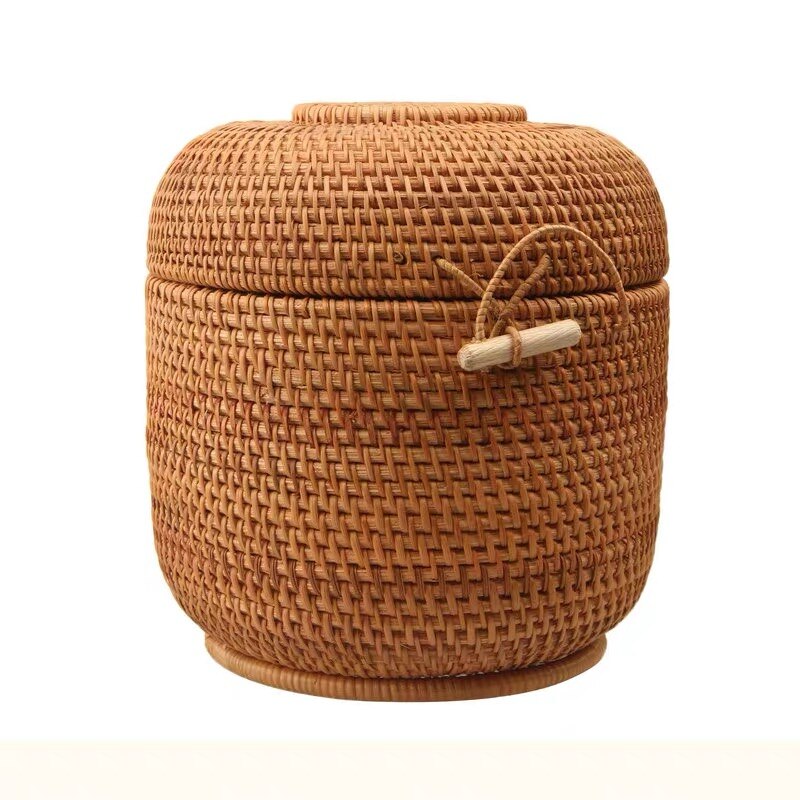 Rattan storage box with lid round shape handmade jewelry boxes organizer Vietnam Rattan weaving tin for puerh tea food best