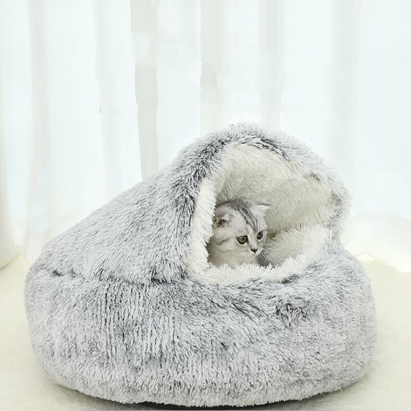 Winter Lange Pluche Huisdier Kennel Hond Bed Ronde Kussen Kat Huis 2 In 1 Warm Kat Mand Slaap Semi-afgesloten Zak Voor Puppy Kleine Kat