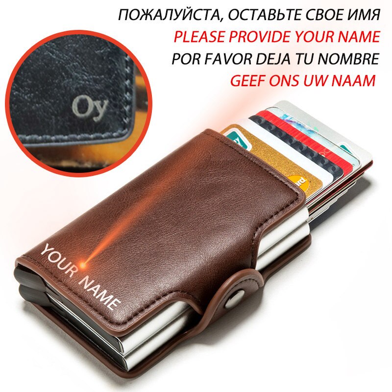 Engraving RFID Card Holder Wallet for Men Credit Card Holder Business Unisex PU Leather Double Layer Cardholder Aluminum Box: Coffee with Name