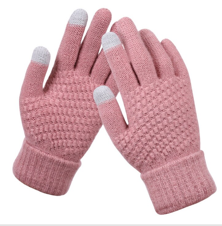 Rękawiczki do ekranu dotykowego damskie zimowe dzianiny pluszowe żakardowe zagęszczane antypoślizgowe ciepłe, kaszmirowe zimowe rękawiczki dla kobiet: Pink