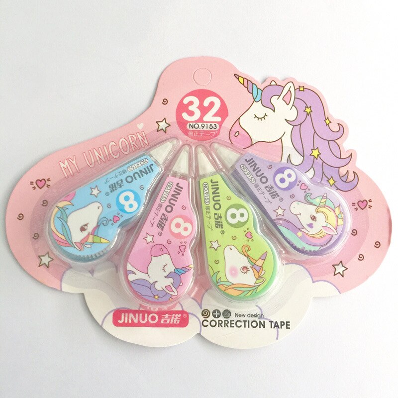 Correcteur de papeterie licorne en dessin animé de Style coréen, rouleau correcteur blanc, ruban correcteur 3M x 5mm, fournitures scolaires 4 pièces/ensemble
