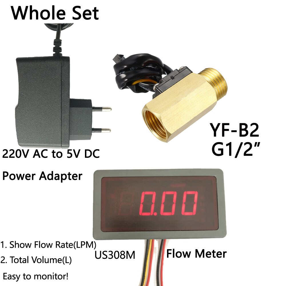 US308M + YF-B2 1-25L/min G1/2" Brass flow sensor Flow Meter Flow Rate Display iSentrol