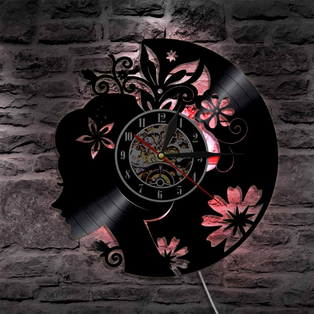Beauty Girl Vinyl Record Wall Clock Beautiful Lady With Flower Time Clocks Watch LED Black Light Modern Home Decor Unique