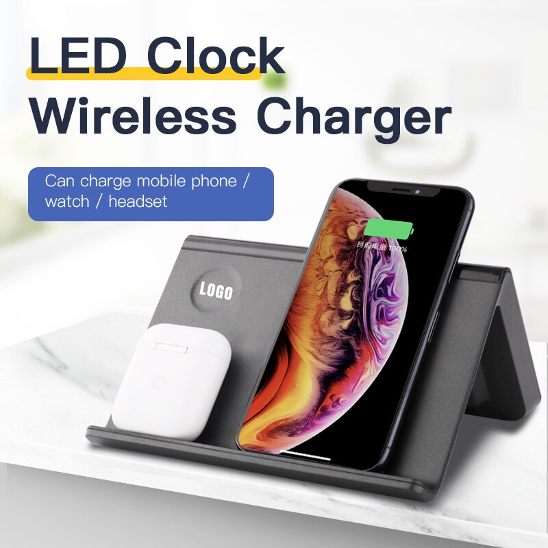 LED electric alarm clock Digital thermometer 3 in 1 watch/earphone/phone wireless charger clock Qi 10W fast charging