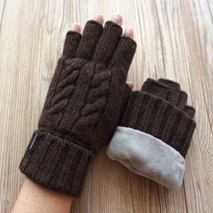 Hombre sin dedos, además de terciopelo cálido guantes de lana de oveja Mitt expuestos dedo Otoño de punto mitones de muñeca guantes de conducción de los hombres: coffee