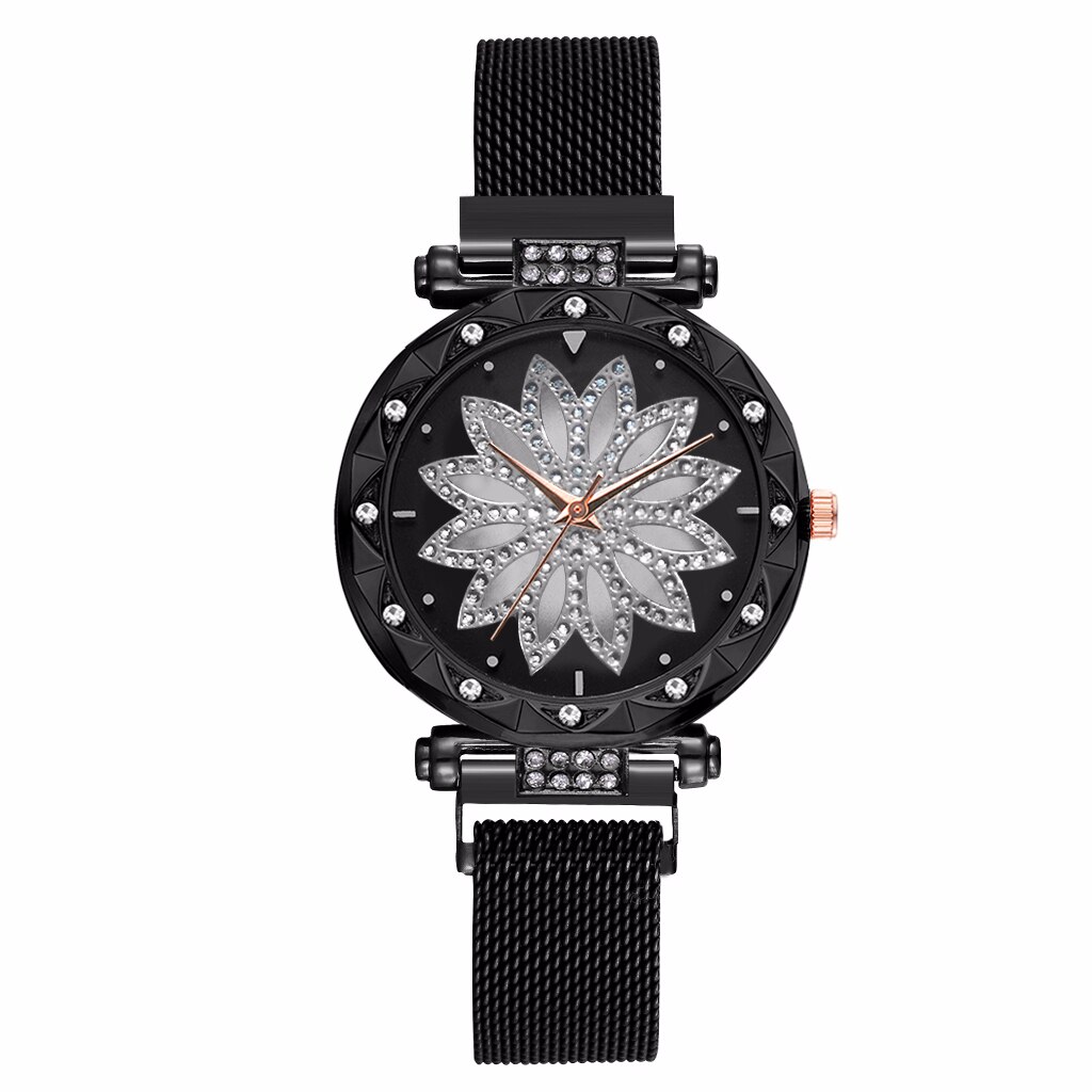 Dam magnet spänne stjärnhimmel blomklocka lyx dam strass kvarts klocka klocka relogio feminino: Svart