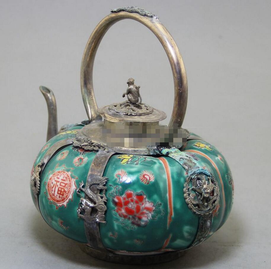 Copantique Handwerk Fabrikanten Collectie Van Prachtige Retro Gemaakt Groen Porselein Zilver Wijn Pot Ornament