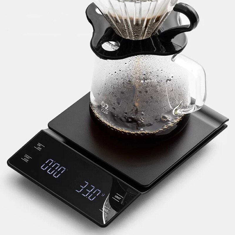 Käsin tippuva kahvivaaka 0.1g/3kg tarkkuusanturia keittiövaaka ajastimella sisältää vedenpitävän silikonityynyn