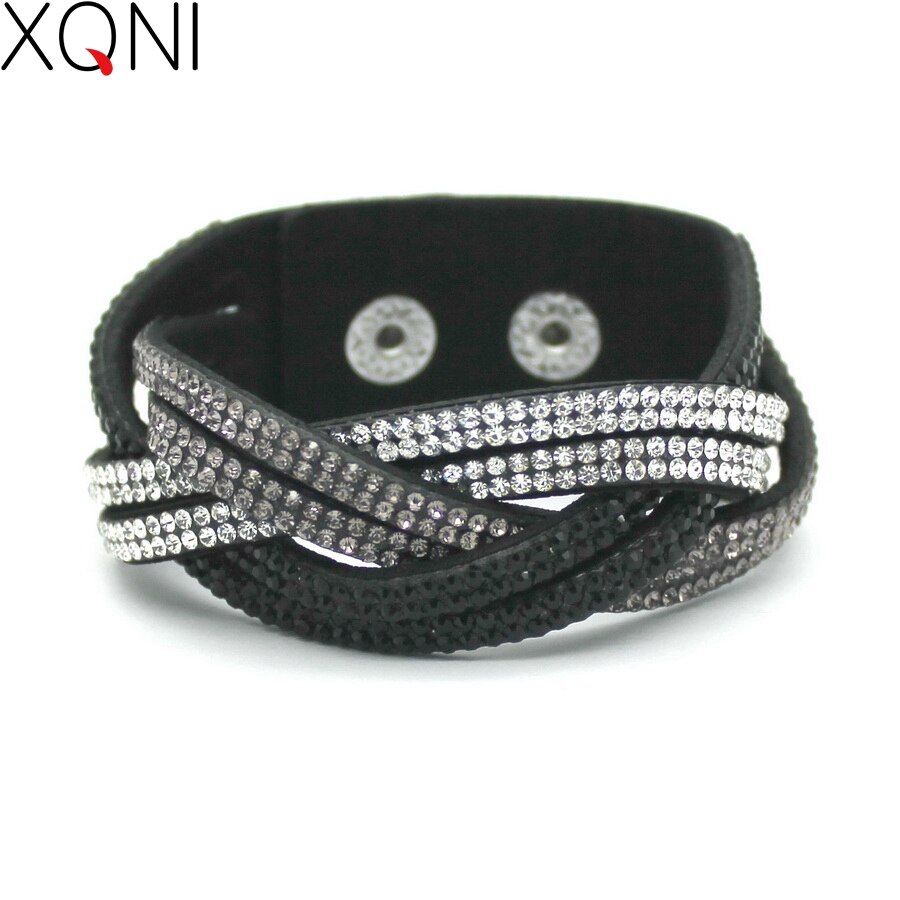 XQNI, pulsera clásica de piel para mujer, brazalete de 18cm de gran con diamantes de imitación envueltas, dije de cristal, pulsera de mujer, joyería