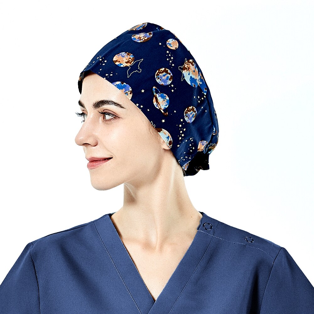 Unisex tannhelsesjekk scrubs caps pet grooming arbeidshatter justerbar stjernehimmel utskrift scrubs dame caps med svettebånd: 22045