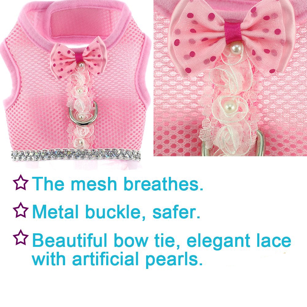 Conjunto de arnés y correa de malla para perro, en 5 colores, con pajarita, para perros pequeños y gatos, collar de arnés, falda de tutú de encaje para mascotas, chaleco, arnés, ropa, suministros