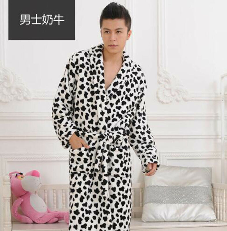 Luxury Thick Soft Warm Flannel Long Bathrobe with Belted Unisex Autumn Winter Long Sleeve Print Pajama with Pocket