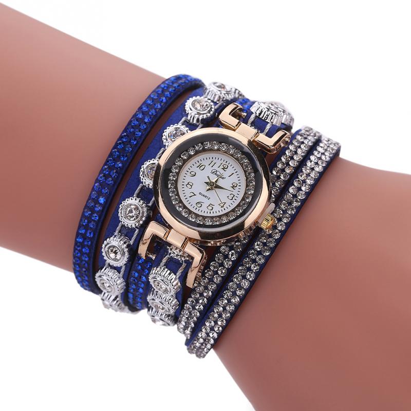 Women Leather Bracelet Watch Casual Rhinestone Quartz Bracelet Watches Ladies Watches 6 Colors Optional