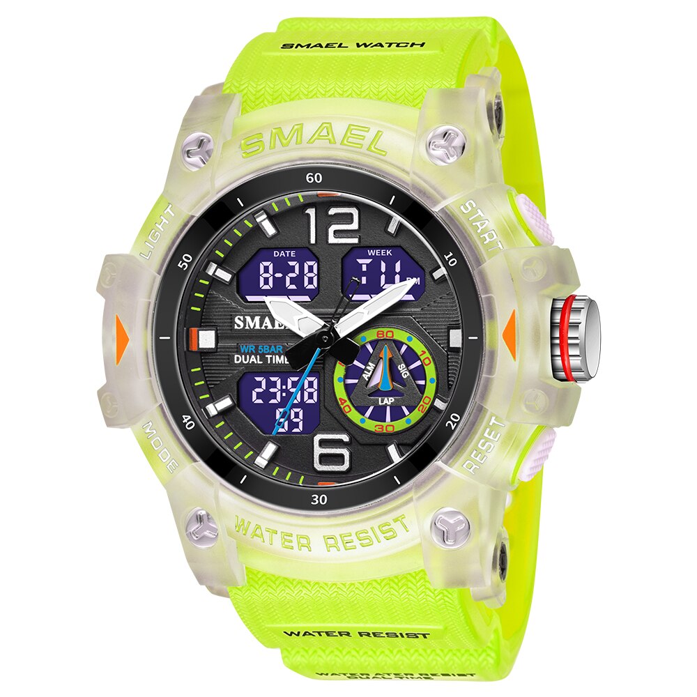 SMAEL – montre de sport pour hommes, double affichage LED, numérique, Quartz, étanche, chronomètre pour étudiants, horloge pour jeunes: Fluorescent Green
