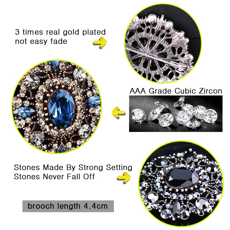 SINLEERY Gothic Style Red Black Blue Oval Big Stone Brooches For Women AAA Cubic Zircon Pins Jewelry Accessories ZD1 SSG