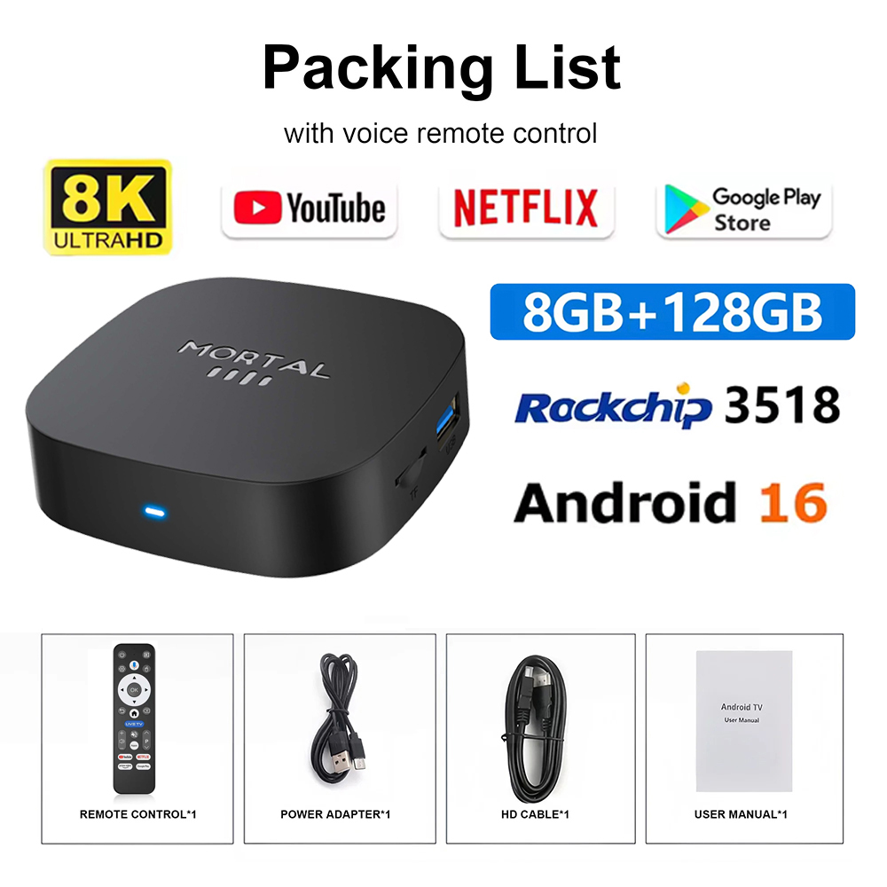 Android 16 Ultra HD 8K Smart Video TV Stick 8GB+128GB BT5.2 Media Player WiFi 6 Top Box per Netflix YouTube Google Assistant: Arancione