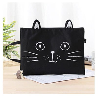 EZONE A4 Canvas File Bag File Folder Cute Cat Document Bag Paper Storage Bag Students Stationery Office School Supply: Black
