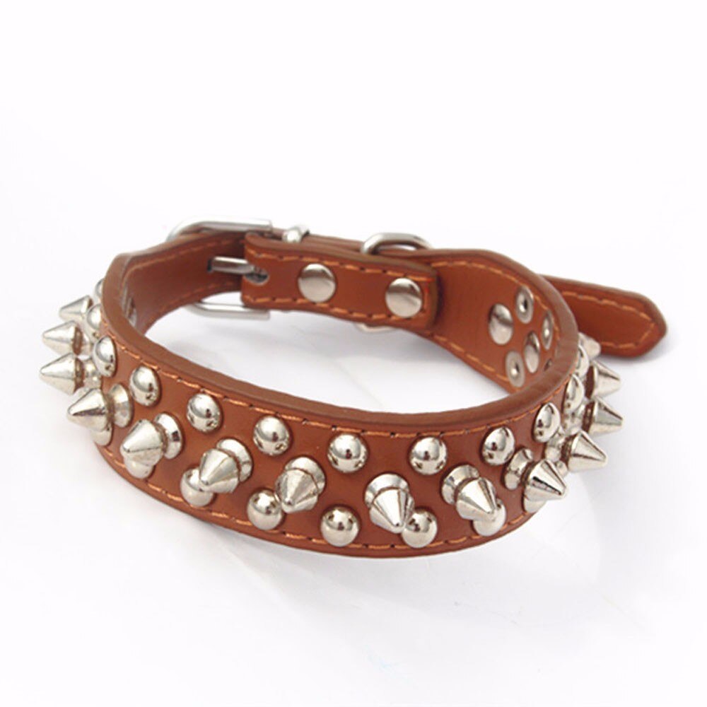 Cats Dog Leather Super Adjustable Leather Rivet Spiked Studded Pet Puppy Dog Collar Neck Strap Show Collar: BROWN / XS