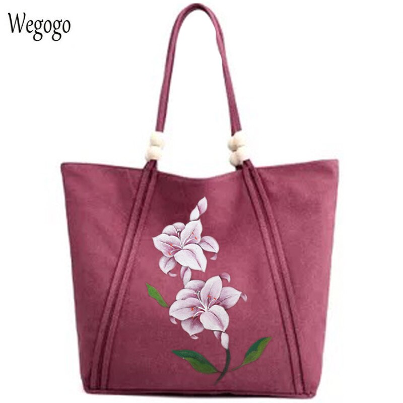 Handmålad väska national canvas axelväska retro dam träpärlor väska blommålning åkpåse bolso mujer