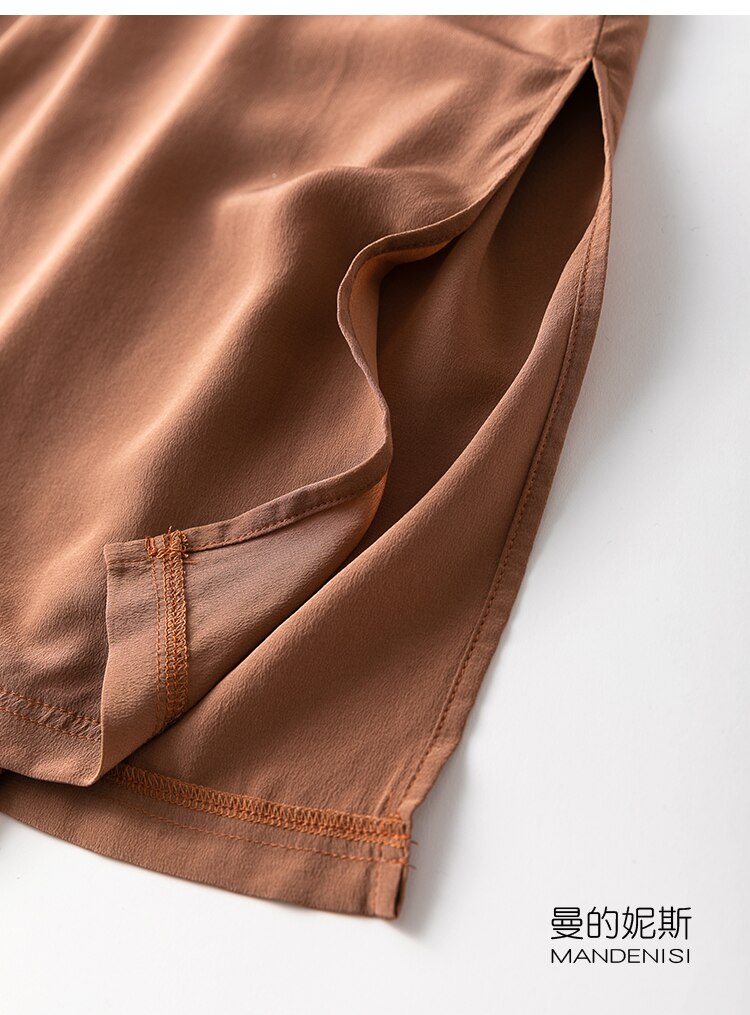 Vestido Midi de seda crepé grueso para mujer, Vestido largo de manga corta con escote en V y abertura lateral, talla L XL, MM112, 100%