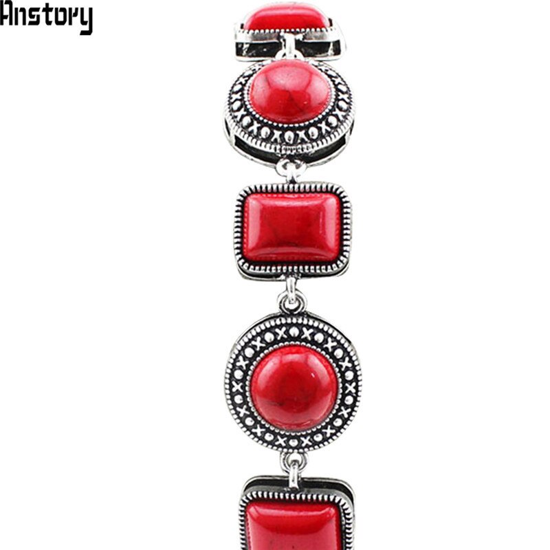 Ronde Langwerpige Kraal Rode Steen Armband Voor Vrouwen Vintage Antiek Verzilverd Cocktail Mode-sieraden TB118