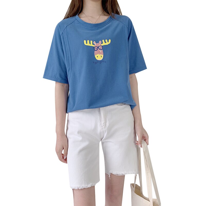 Patrón de cervatillo azul de Enfermería de algodón camiseta de talla grande ropa de maternidad posparto ropa talla grande maternidad camisetas embarazada 9179